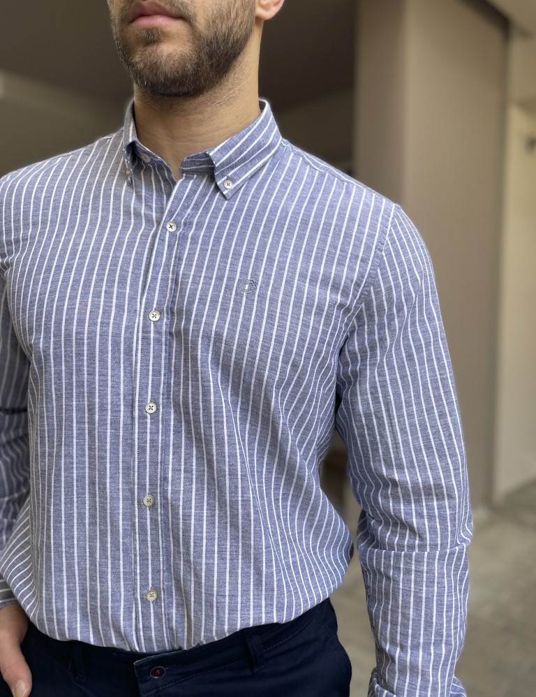 Ανδρικό γκρι ριγέ πουκάμισο με γιακά 1566G φωτογραφία